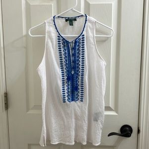 Large white with blue embroidery Ralph Lauren sleeveless blouse.